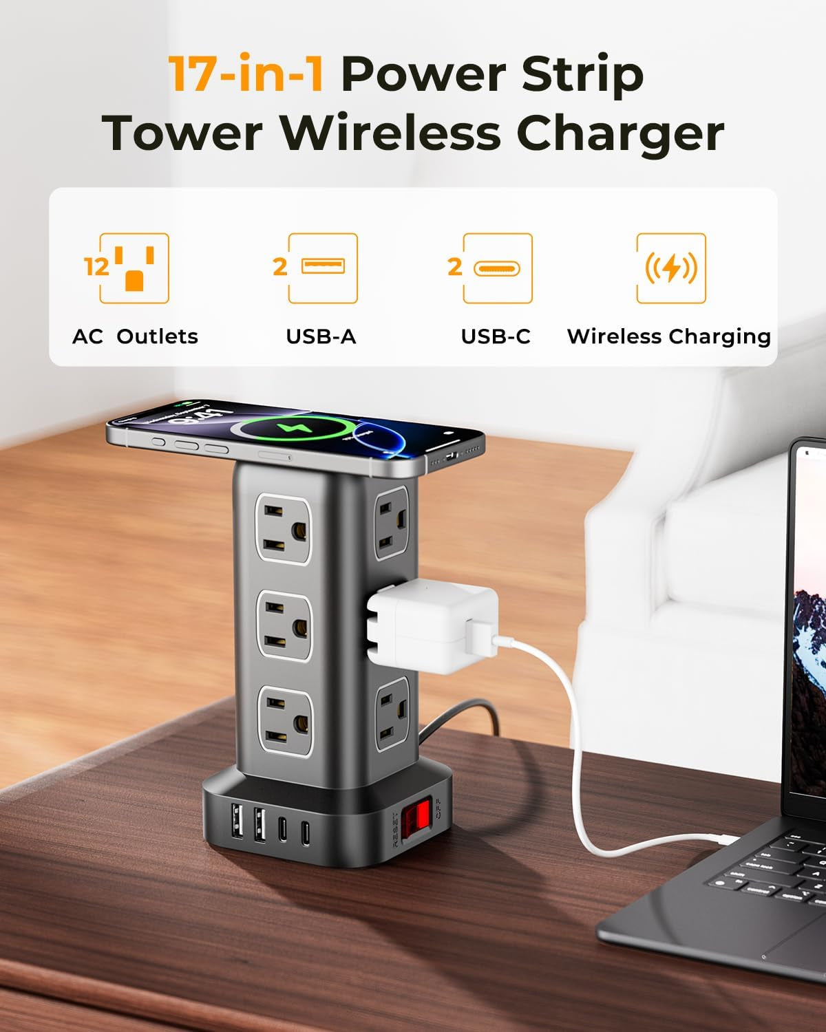 Power Strip with 12 Outlets 4 USB (1 USB C), 6.5Feet Extension Cord with Multiple Outlets, Charging Station, Power Strip Tower, Home Office Desk Supplies