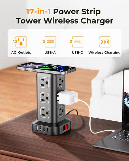 Power Strip with 12 Outlets 4 USB (1 USB C), 6.5Feet Extension Cord with Multiple Outlets, Charging Station, Power Strip Tower, Home Office Desk Supplies