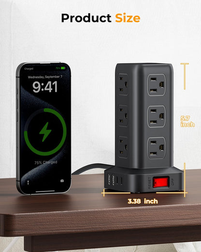 Power Strip with 12 Outlets 4 USB (1 USB C), 6.5Feet Extension Cord with Multiple Outlets, Charging Station, Power Strip Tower, Home Office Desk Supplies