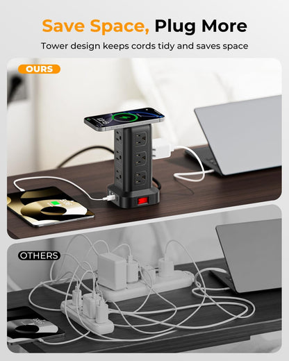 Power Strip with 12 Outlets 4 USB (1 USB C), 6.5Feet Extension Cord with Multiple Outlets, Charging Station, Power Strip Tower, Home Office Desk Supplies