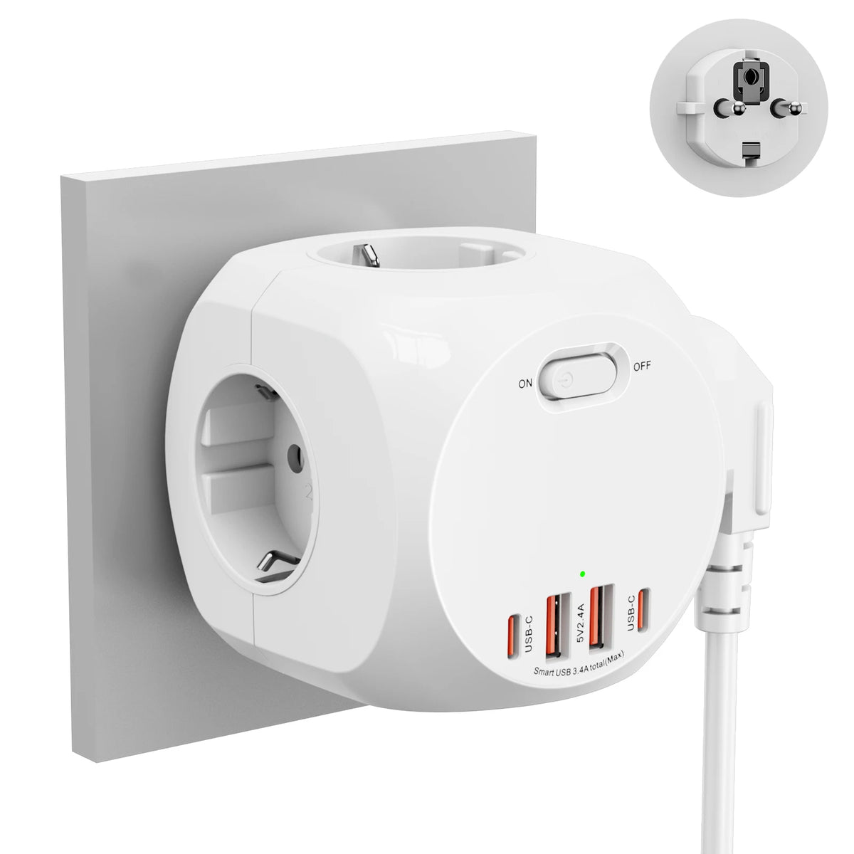 Eu Schuko Wall Socket Extender with Switch, 4 Ac Outlets 2 Usb-A 2 Usb-C Portable Cube Socket Power Strip Adapter, 4000W for Home