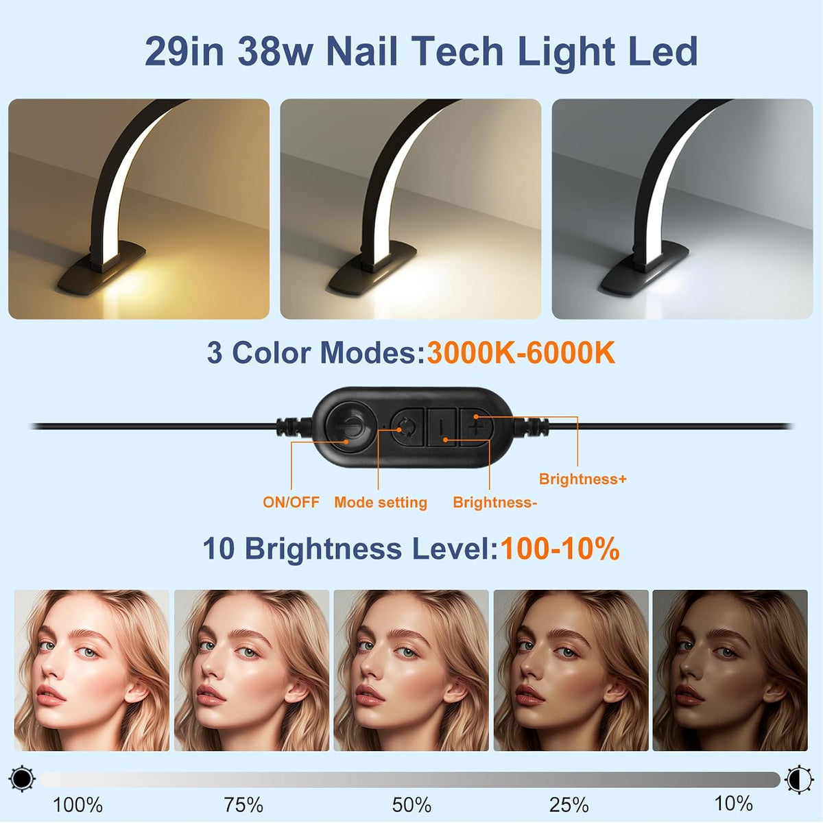 Half Moon Light for Nail Desk, 29In 40W Nails Tech Light with Phone Stand, 10 Adjustable Brightness, 3 Color Temperature Led Desk Lamp for Nail, Tattoos, Eyebrows, Beauty(Black)