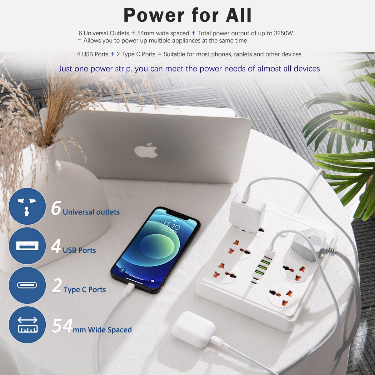 Power Strip with 45 Degree Plug, 10Ft Long Cord,6 Universal Socket