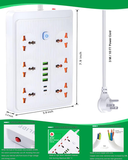 Power Strip with 45 Degree Plug, 10Ft Long Cord,6 Universal Socket
