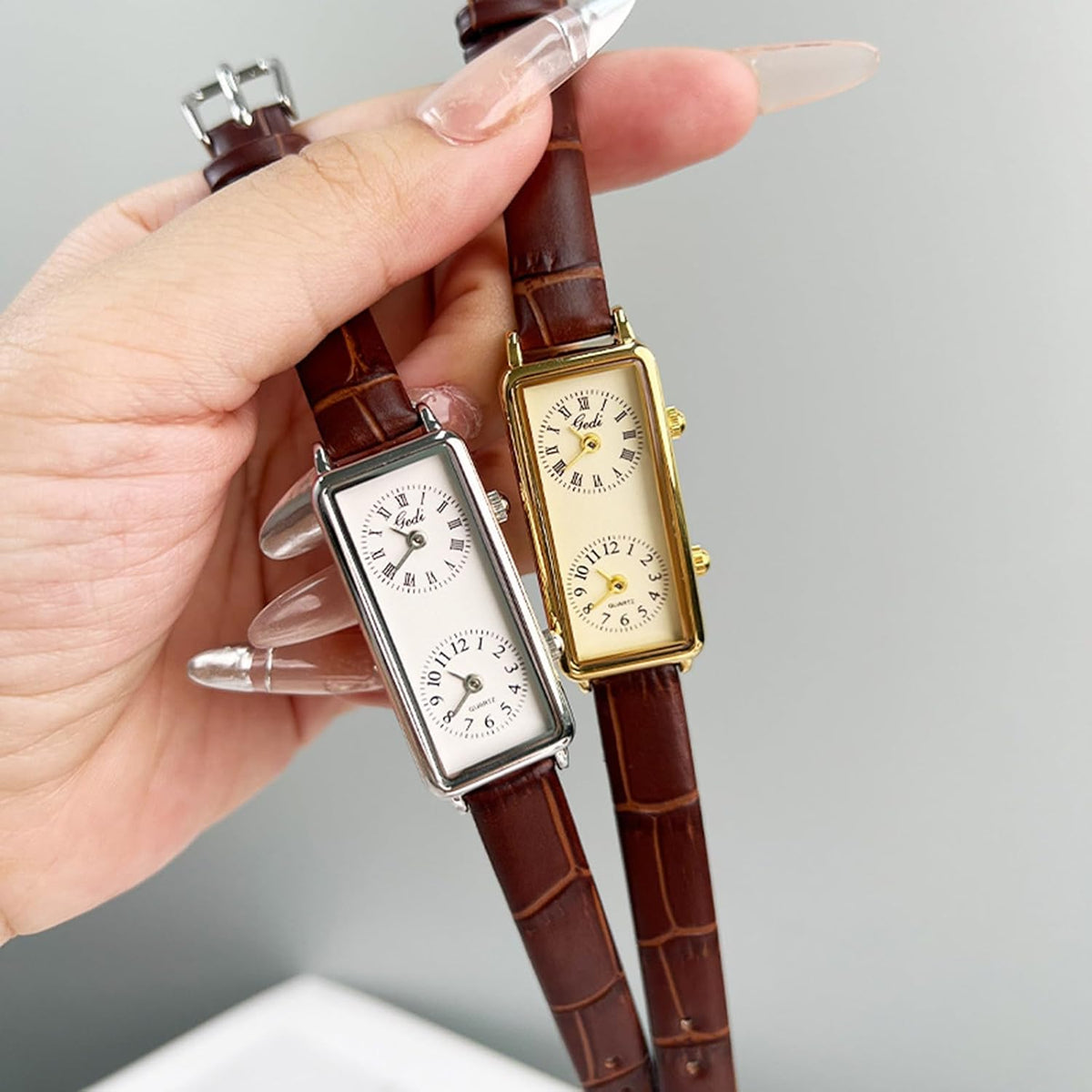 Women’S Vintage Rectangle Watch Dual Time Zone Watch for Small Wrist