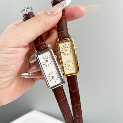 Women’S Vintage Rectangle Watch Dual Time Zone Watch for Small Wrist
