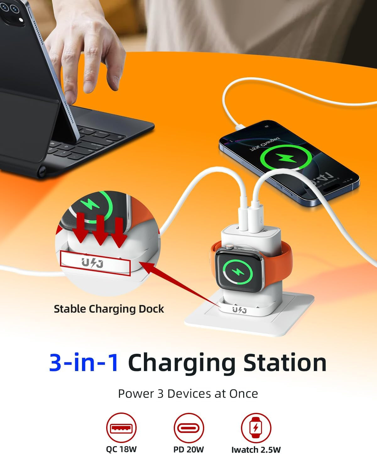 (2PCS) 3-In-1 Portable Apple Watch Charger Fast Charging，25W Wireless Magnetic Foldable Iwatch Charger Block，Pd Travel Essentials Block for Iwatch Ultra/Se/ 10/9/ 8/7/ 6，Iphone 17/16/ 15 Series