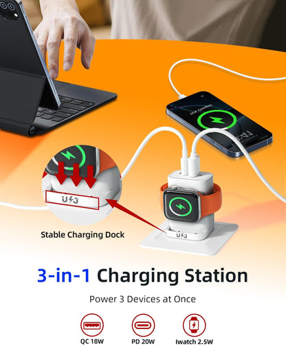(2PCS) 3-In-1 Portable Apple Watch Charger Fast Charging，25W Wireless Magnetic Foldable Iwatch Charger Block，Pd Travel Essentials Block for Iwatch Ultra/Se/ 10/9/ 8/7/ 6，Iphone 17/16/ 15 Series