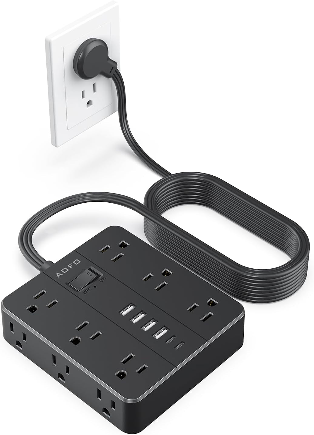 15FT Power Strip, Flat Plug Extension Cord with Multiple Outlets,Black