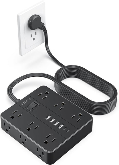 15FT Power Strip, Flat Plug Extension Cord with Multiple Outlets,Black