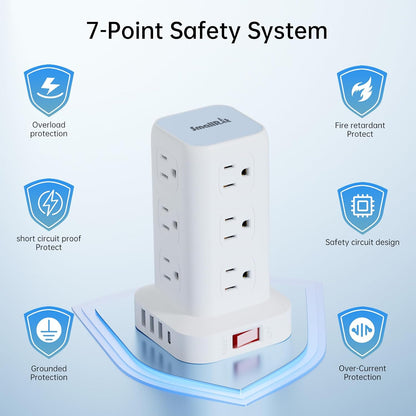 Power Strip with 12 Outlets 4 USB (1 USB C), 10Feet Extension Cord with Multiple Outlets, Charging Station, Power Strip Tower, Home Office Desk Supplies