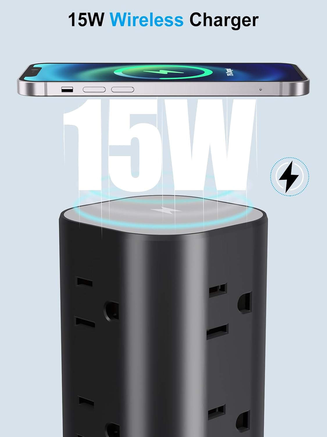 6FT Power Strip Tower with Wireless Charger,Surge Protector with 12 Outlets