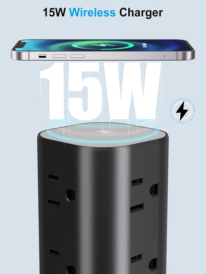 6FT Power Strip Tower with Wireless Charger,Surge Protector with 12 Outlets