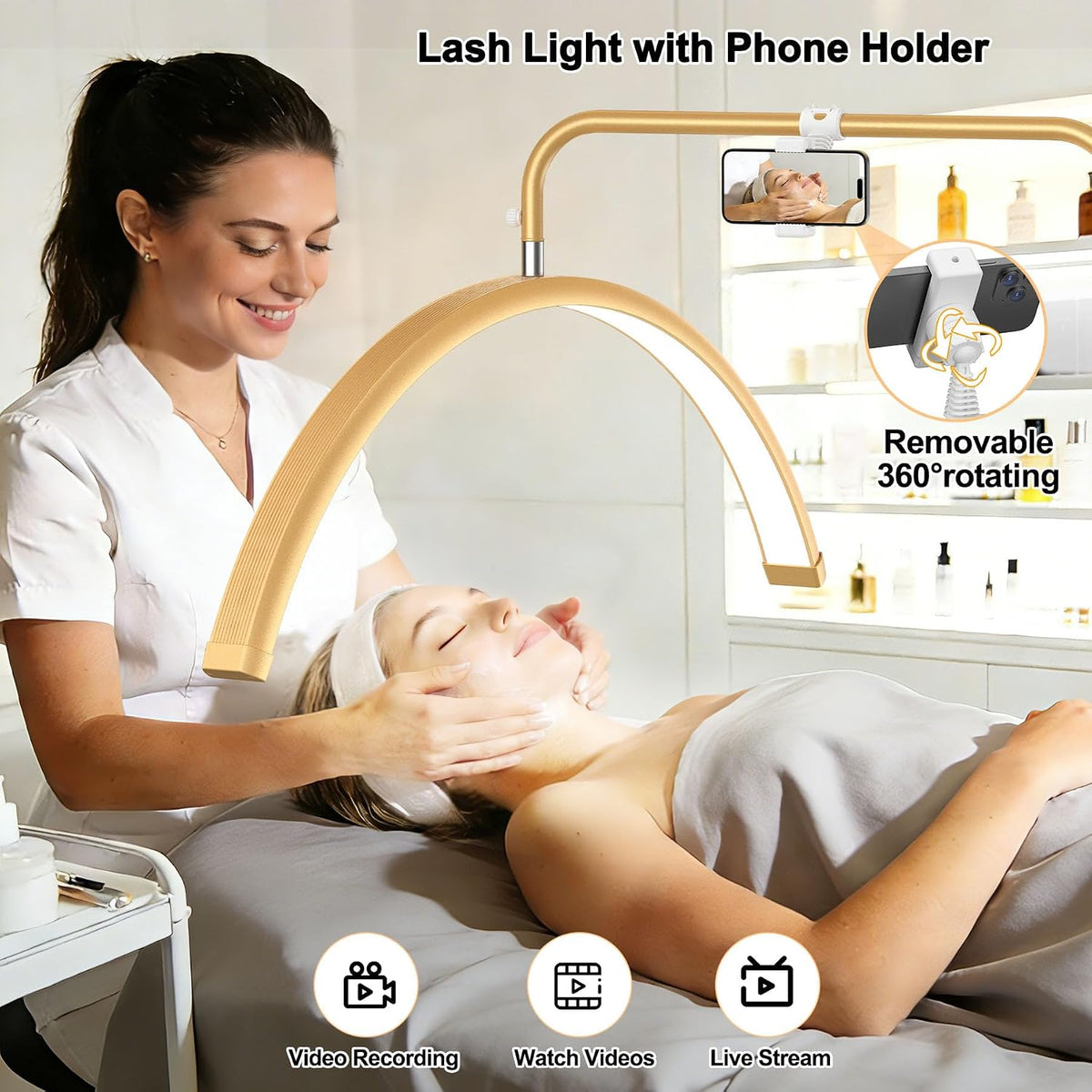 28" Half Moon Light - Lash Lamp with 4X Magnifier,Phone Holder,Lash Light for Eyelash Tech,Tattoo,Nail Art,Skincare,Salon,Adjustable Brightness&Hight,Rotating Head,Gold