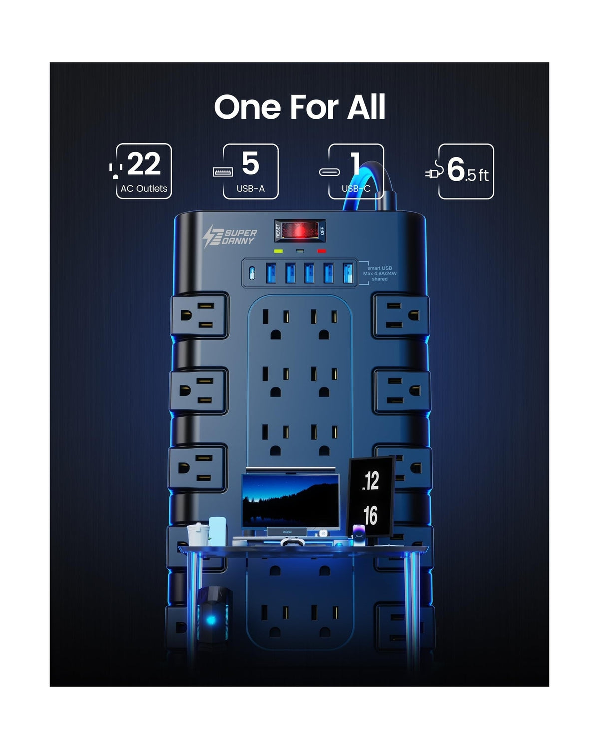 Power Strip, SUPERDANNY Surge Protector with 22 AC Outlets and 6 USB Charging...