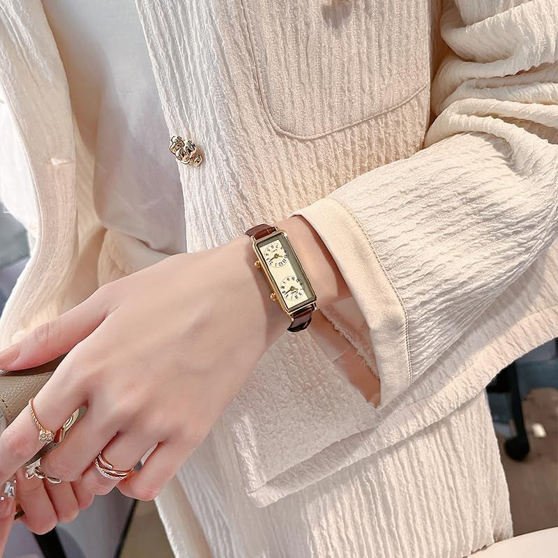 Women’S Vintage Rectangle Watch Dual Time Zone Watch for Small Wrist